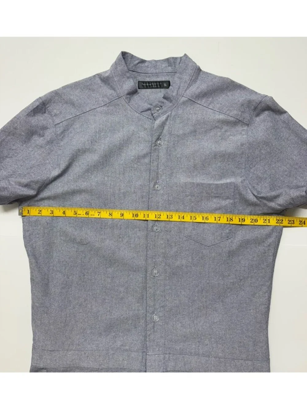 Romphim Mens Blue Oxford Shorts Romper Size XL Slim Fit Band Collar Short Sleeve